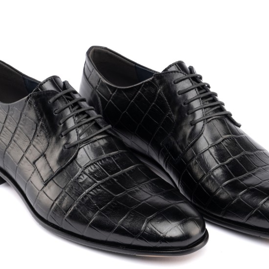 ART761 – Ανδρικό Δερμάτινο Dress Shoe με Κροκό Στάμπα | Μαύρο