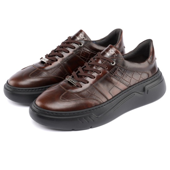 ART929 – Luxury Δερμάτινο Sneaker με Croco Στάμπα | Καφέ